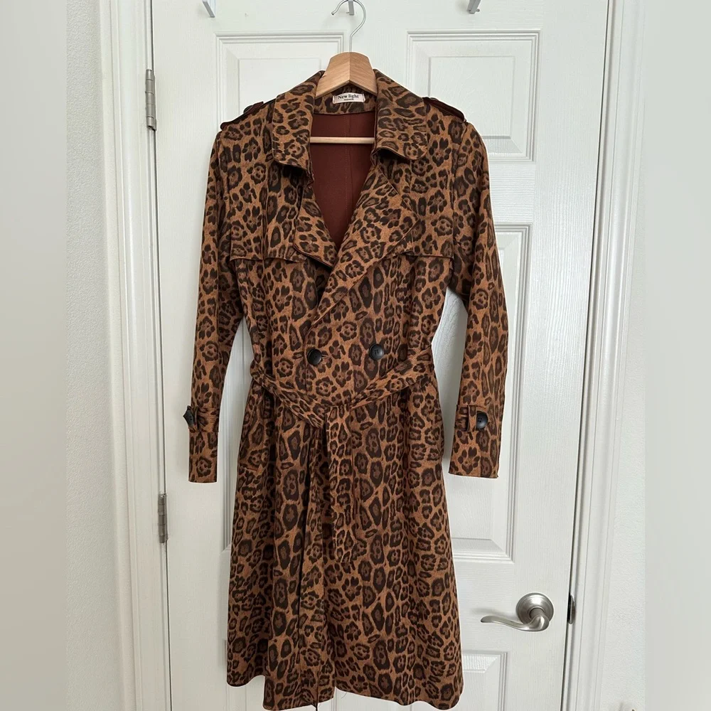 Faux Suede Leopard Print Trench Coat - Picture 1 of 2